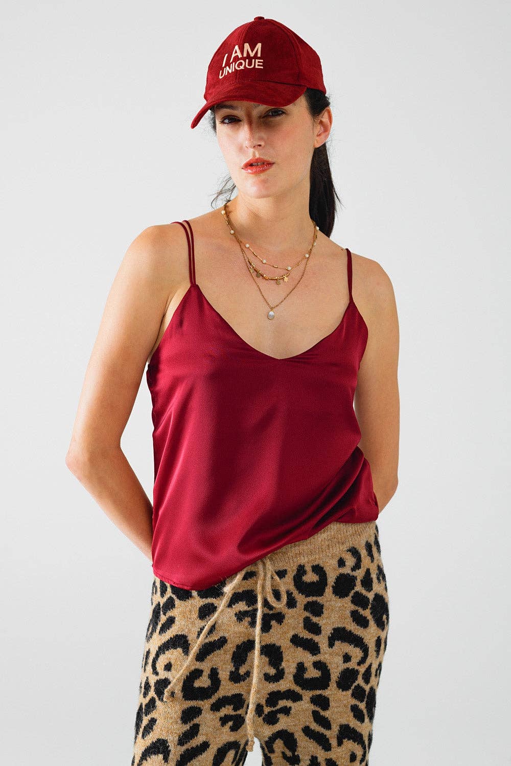 Burgundy satin spaghetti strap top