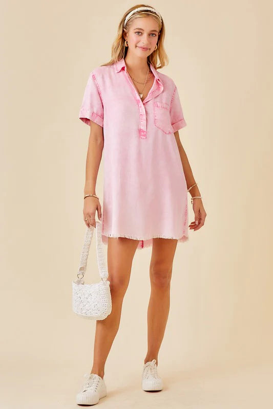 Washed Denim Shirt Dress - Pink