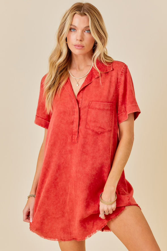 Washed Denim Shirt Dress - Crimson