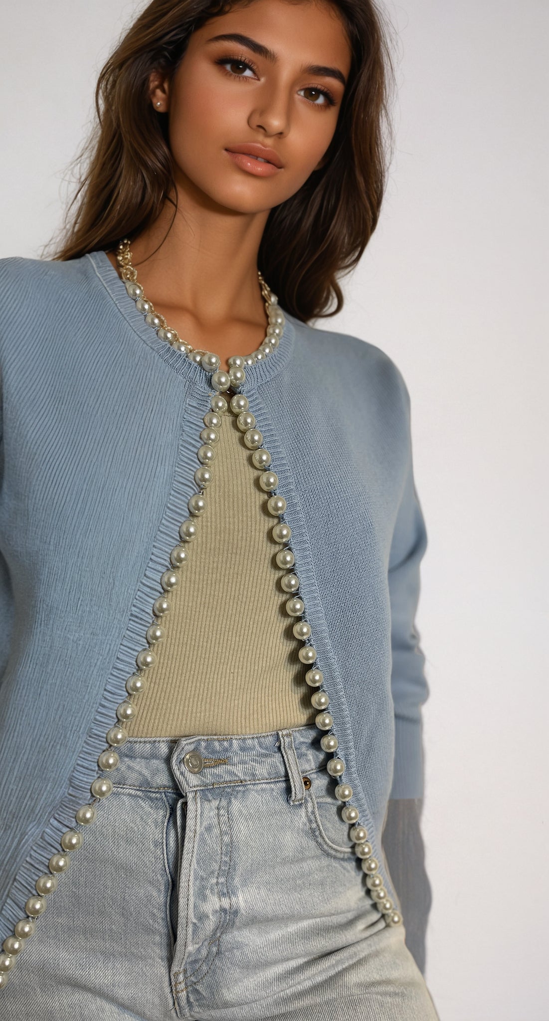 Charlotte Pearl Trim Cardigan | Cornflower Blue