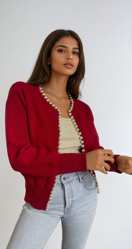 Charlotte Pearl Trim Cardigan | Red