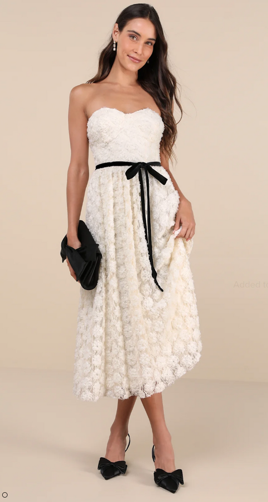 Ivory 3D Floral Applique Lace Midi Dress