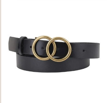 Double Circle Buckle Leather Belt - Black