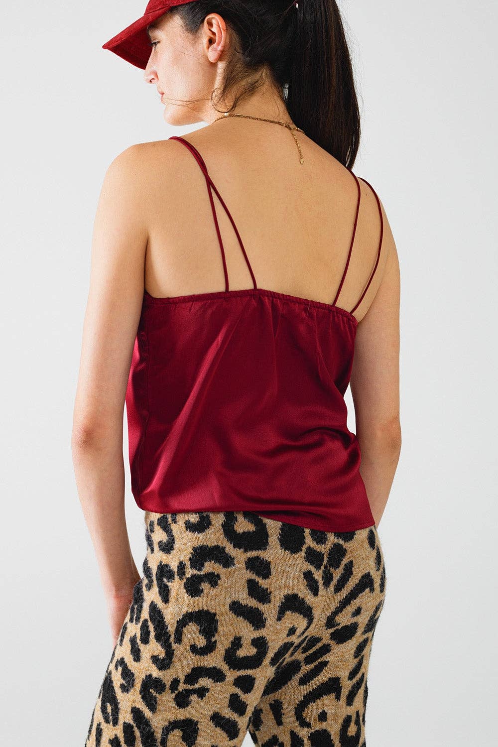 Burgundy satin spaghetti strap top