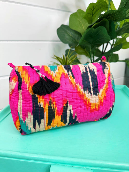 Quilted Makeup Bags - Pink Ikat