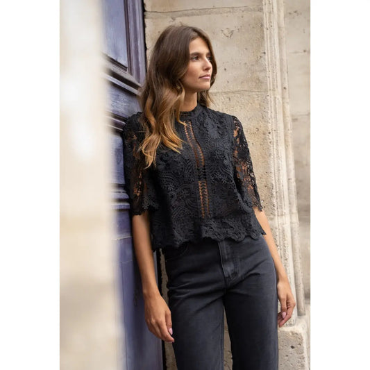 Eléanore Short Sleeve Lace Top | Black