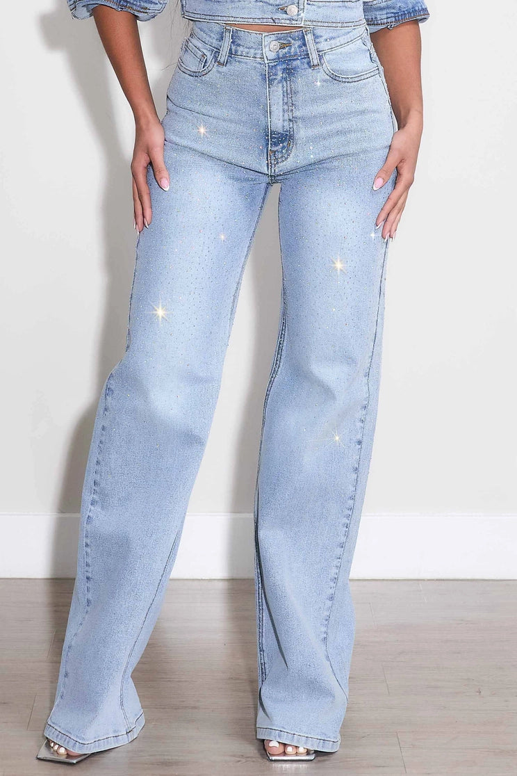 Rhinestone Wide Leg Jeans | Light Stone