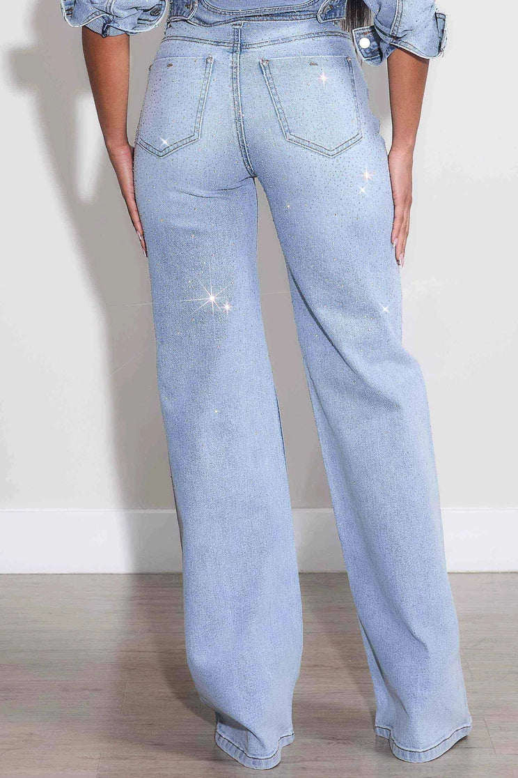 Rhinestone Wide Leg Jeans | Light Stone