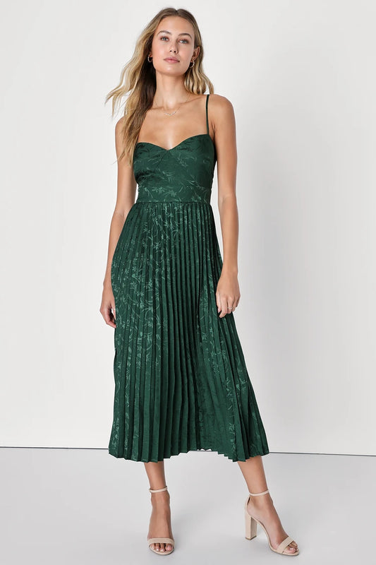 Regal Romance Emerald Floral Pleated Midi Dress