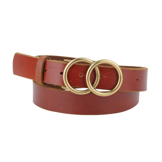 Double Circle Buckle Leather Belt - Cognac